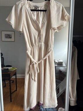 H&M Soft Cream Tie-Waist Midi Dress